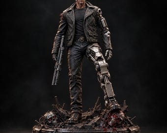 May include: A highly detailed collectible figure of a cyborg character wearing a black leather jacket, dark t-shirt, and jeans. The figure features a metallic robotic left arm and leg, dark sunglasses, and holds a shotgun, standing on a debris-filled base.