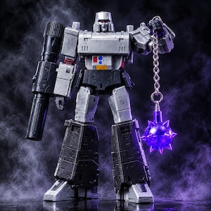 Puede incluir: Una figura de acción de robot gris y negra con un gran cañón negro unido a su brazo derecho. La figura sostiene una cadena plateada conectada a una maza con púas de color púrpura brillante en su mano izquierda. Tiene ojos rojos y acabado.