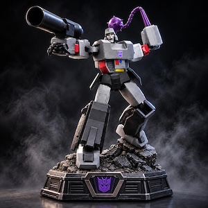 May include: A Megatron action figure standing on a rocky base with a Decepticon emblem. The figure is grey, black, and red, holding a large black cannon on its right arm and a purple spiked mace on a chain in its left hand, with a purple emblem on its chest.