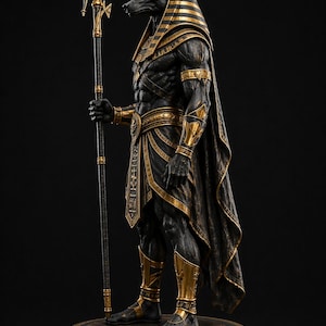 May include: A detailed statue of Anubis, the Egyptian god of the afterlife, depicted in black and gold. The figure holds a staff and wears a cape, with intricate detailing on the clothing and base. The statue is on a round base.