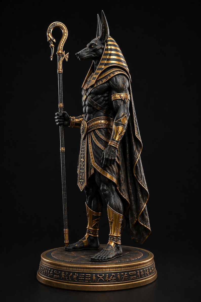 May include: A detailed statue of Anubis, the Egyptian god of the afterlife, depicted in black and gold. The figure holds a staff and wears a cape, with intricate detailing on the clothing and base. The statue is on a round base.
