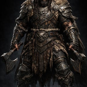 May include: A warrior in detailed armour, holding two battle axes. The armour combines metal and fur, featuring intricate designs and a skull motif on the belt. The image has a dark, dramatic aesthetic.