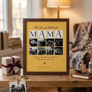 May include: A framed photo collage with a yellow background and a dark brown wooden frame. The word "MAMA" is displayed in large letters above a series of family photos. Text includes "Alles Liebe zum Muttertag" and "Mama du bist mein Zuhause".