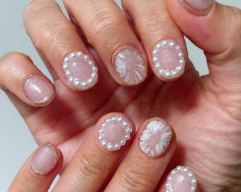 Pearl Bridal Press On Nails | Soft Pink Wedding Nails | Elegant Short Handmade Nails | Reusable Pearl Nails