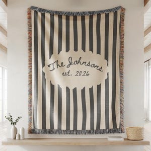 Personalized Family Name Woven Blanket, Custom Last Name Throw, Wedding Gift For Couple, New Home Gift, Est Year Cotton Blanket