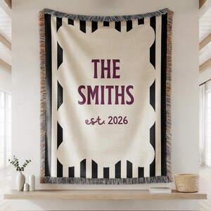 Personalized Family Name Woven Blanket, Custom Last Name Throw, Wedding Gift For Couple, New Home Gift, Est Year Cotton Blanket