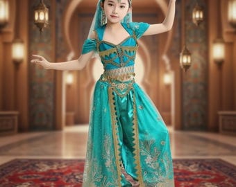 Disfraz de princesa Jasmine para niñas, vestido de princesa Jasmine para fiesta de Halloween, disfraz de princesa de película infantil con accesorios