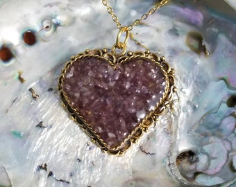 Metal Backed Gold Heart Lepidolite Real Feel Pendant