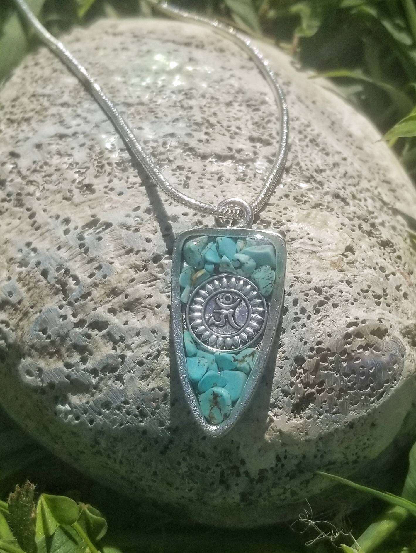 Metal Backed Silver Turquoise Ohm Pendant