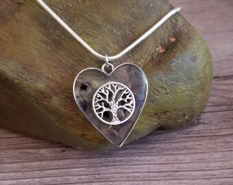 Floating Tree of Life in Heart Fluorite Pendant