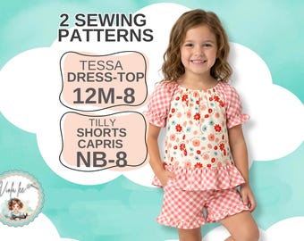 Peasant Top-Dress + Shorts- Capris PDF Sewing Pattern Bundle. Set In Girls Sizes 12m to 8.  Instant Download. Tessa Tilly