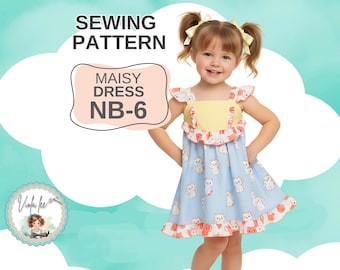 Patrón de costura en PDF para vestido de verano para niñas principiantes con mangas con volantes opcionales. Tallas NB a 6. Descarga digital instantánea. Maisy