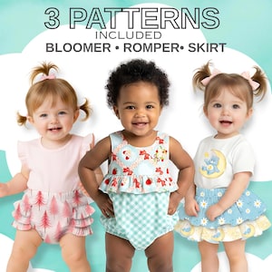 Puede incluir: Un conjunto de patrones digitales que incluye tres diseños de ropa: un cubrepañal con árboles rosas, un pelele con estampado de cuadros vichy azul verdoso y flores, y una falda con margaritas y lunas. El texto dice 3 PATTERNS INCLUDED BLOOMER ROMPER SKIRT.