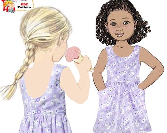 Girl's Summer Dress PDF Sewing Pattern with Large pockets. Dress has Open Back and Neckline Options. Instant Download. Kaity