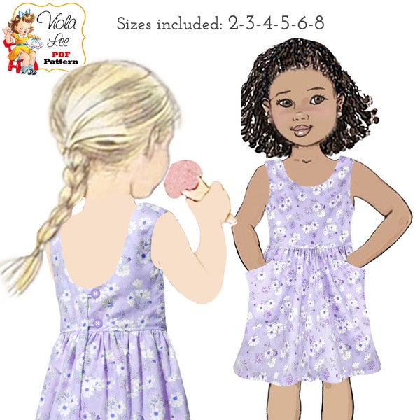 Girl's Summer Dress PDF Sewing Pattern with Large pockets. Dress has Open Back and Neckline Options. Instant Download. Kaity