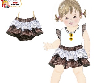 Layered Baby Skirt with attached Bloomer. PDF Sewing Pattern, Instant Download. Lily