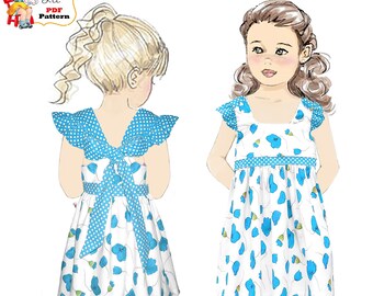 Girls Summer Dress with Ruffle Sleeves. Digital pdf Sewing Pattern. Instant Download. Danie