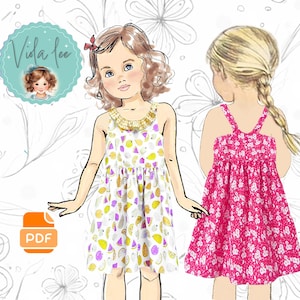 Patrón fácil de vestido y top de verano para niña. Vestido de fiesta con espalda descubierta para niña. Descarga instantánea del patrón digital en PDF. Marnie
