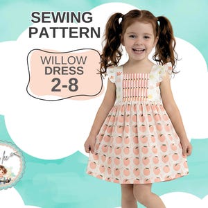 May include: A sewing pattern for a Willow dress in sizes 2-8, featuring a sleeveless dress with a square neckline, ruffled shoulders, and a peach-patterned skirt. The bodice has vertical stripes and a smocked panel. Text reads SEWING PATTERN WILLOW DRESS 2-8.