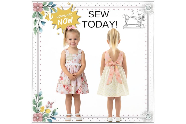 View of Girls Dress PDF Sewing Pattern. Simple Loop & Bow Closure. Sizes 12M-10 ...