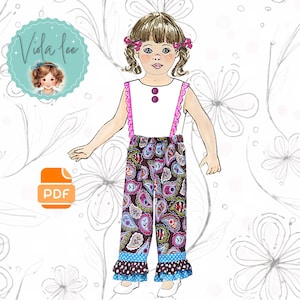 Girl&#39;s Boutique Ruffle Pants PDF Sewing pattern, Slimmer Tapered Legs. Toddler and Girls Sizes 12m -8. Digital Instant Download. Nina