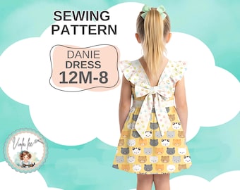 Patrón de vestido sin mangas para niña, patrón de costura en PDF, tallas 12-8, para niña pequeña, vestido con mangas abullonadas. Danie