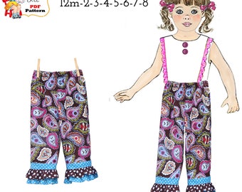 Girl's Boutique Ruffle Pants PDF Sewing pattern, Slimmer Tapered Legs. Digital Instant Download. Nina