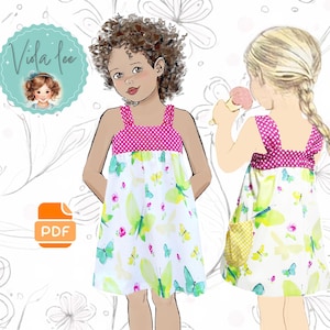 Easy Beginners Girls Summer Dress PDF Sewing Pattern with Fun Pockets. Girls, Toddler Sizes 2 to 10. Connie