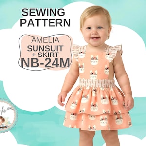 Sundress + Skirt Sewing Pattern, optional Attached Bloomer with Open Back & Flutter Sleeves. NB to 24m. PDF Sewing Pattern. Amelia