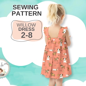 Patrón de costura en PDF para vestido veraniego con mangas abullonadas y espalda abierta para niña. Opciones sencillas con volantes y dobladillo de banda. Tallas para niña pequeña. Descarga instantánea, Willow.
