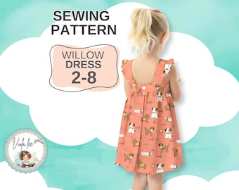 Patrón de costura en PDF para vestido veraniego con mangas abullonadas y espalda abierta para niña. Opciones sencillas con volantes y dobladillo de banda. Tallas para niña pequeña. Descarga instantánea, Willow.