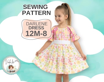 Patrón de costura para vestido estilo cottagecore para niñas: manga corta/larga, tallas 12 M-8 (descarga en PDF) Darlene