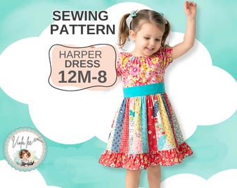 Patrón de costura para vestido de manga corta y larga. Tallas para niñas y bebés: 12 meses a 8 años. Descarga digital instantánea en PDF. Harper