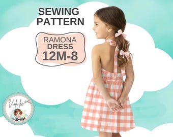 Patrón de costura en PDF para vestido y top de niña, vestido veraniego sin espalda. Tallas 12-8, descarga digital instantánea. Ramona