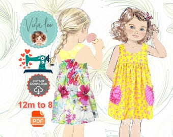 Girls Razor Back Yoke Dress & Top PDF Sewing Pattern. Girls and Toddler sizes 12mo to 8. Sweet girls Gift. Instant Download. Sonia