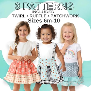 May include: Three children wearing different skirts with the text 3 PATTERNS INCLUDED TWIRL RUFFLE PATCHWORK Sizes 6m-10. The first skirt is coral with white arrows, the second is a strawberry print with black and white gingham, and the third is blue polka dots.