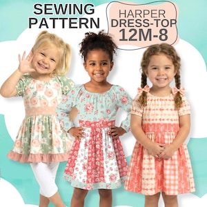 May include: A sewing pattern for the Harper dress-top in sizes 12M-8. The image displays three variations of the garment featuring floral and geometric prints in shades of pink, green, and white, with gathered necklines and short or long sleeves.