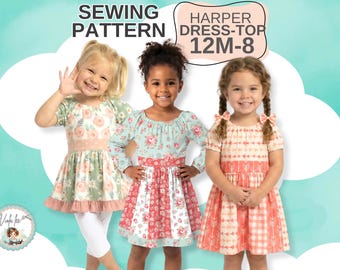 Girls Peasant Dress - Top PDF Sewing Pattern.  Short & Long Sleeve Styles. Perfect for your Remnants. Sizes 12m-8. Harper