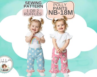 Easy Baby Ruffle Pants PDF Sewing Pattern. Infant sizes NB to 18mo. Digital Instant Download. Polly