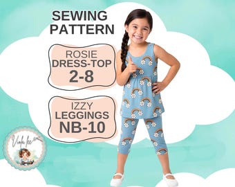 Patrones de costura en PDF para vestido/top de verano y leggings. Tallas para niños: 2, 3, 4, 5, 6 y 8. Descarga digital instantánea, Rosie.