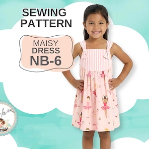 Könnte beinhalten: Ein Schnittmuster für das Maisy-Kleid NB-6, bestehend aus einem ärmellosen Kleid mit hellrosa Oberteil mit weißen vertikalen Streifen und einem hellrosa Rock, der mit kleinen Ballerina-Figuren in rosa Tutus bedruckt ist, mit Schulterträgern.