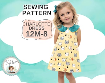 Patrón de costura en PDF para vestido de niña con cuello Peter Pan. Tallas para bebés y niñas del 2 al 8. Descarga digital instantánea. Charlotte.