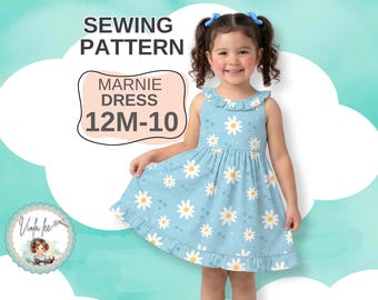 Patrón de costura fácil para vestido de niña. Patrón de vestido veraniego con espalda abierta para niña pequeña. Tallas de 12 a 10 años, descarga digital instantánea en PDF. Marnie