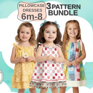May include: Three sleeveless dresses with tie-shoulder straps, featuring a yellow floral print, a white dress with red and pink circular patterns, and a multi-colored cat print. Text reads PILLOWCASE DRESSES 3 PATTERN BUNDLE 6m-8.