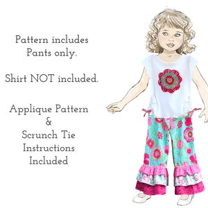 Girls Pants PDF Sewing Pattern. 1, 2 or 3 Ruffle Pants Scrunch Ties iron-on Applique Instructions. Emma image 4