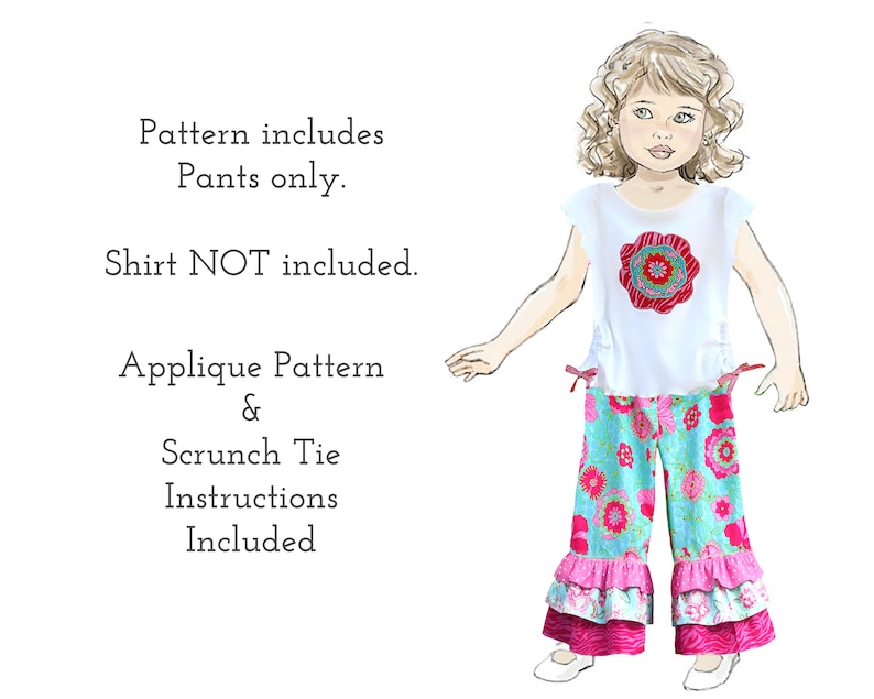 Patrón de costura PDF para pantalones de niña. 1, 2 o 3 pantalones con volantes lazos para el pelo instrucciones para aplicar con plancha. emma imagen 4