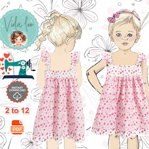 Cute Girls Summer Dress PDF sewing pattern. Easy toddler dress with Optional flutter sleeves. Party, Flower girl Dress. Sizes 2-12. Kinsley