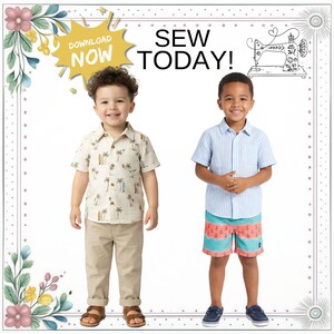 Cartamodello per pantaloni, pantaloncini, pigiama e pantaloni da casa per bambini. Progetto di cucito fai-da-te per bambini piccoli. Download immediato in formato PDF. Trevor immagine 3