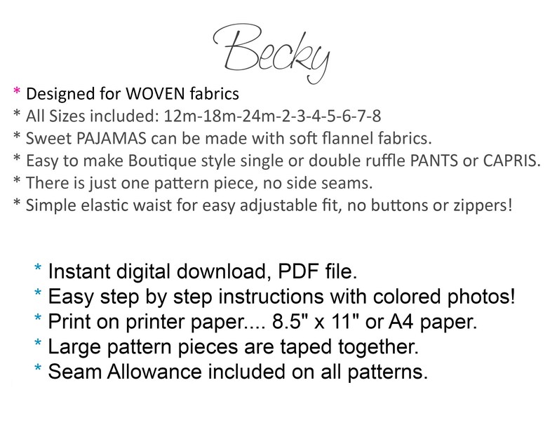 Girl's Ruffle Pants PDF Sewing Pattern. Single or Double Ruffles. Sizes included 12m-8 Becky image 2