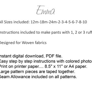 Boutique Ruffle Pants PDF Sewing Pattern. 1, 2 or 3 Ruffles. Digital Instant Download. Emma image 2